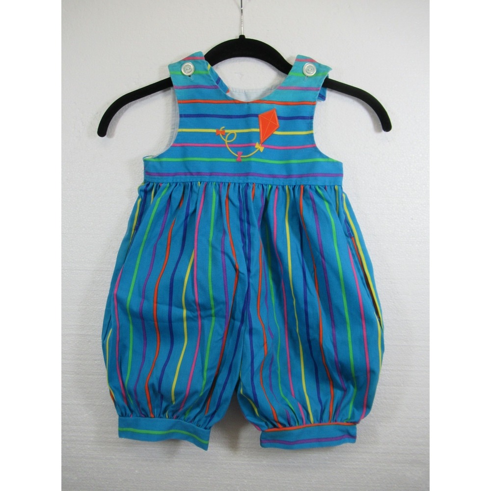 Vintage 90s Kite Bubble Romper Girls 2T Blue Stripe Sleeveless Kelly's Kids